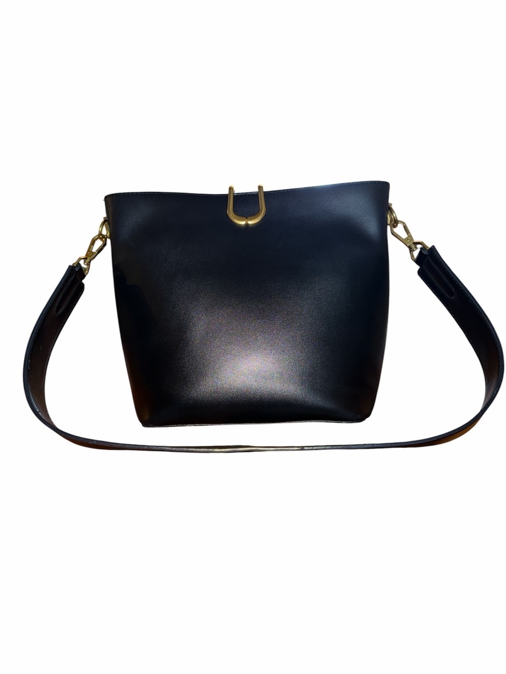 Madison West Black Shoulder Bucket Bag with Gold Hardware